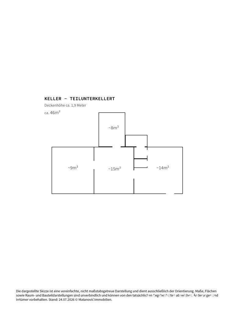 Grundriss des Kellers mit verschiedenen Räumen und deren Flächenangaben.