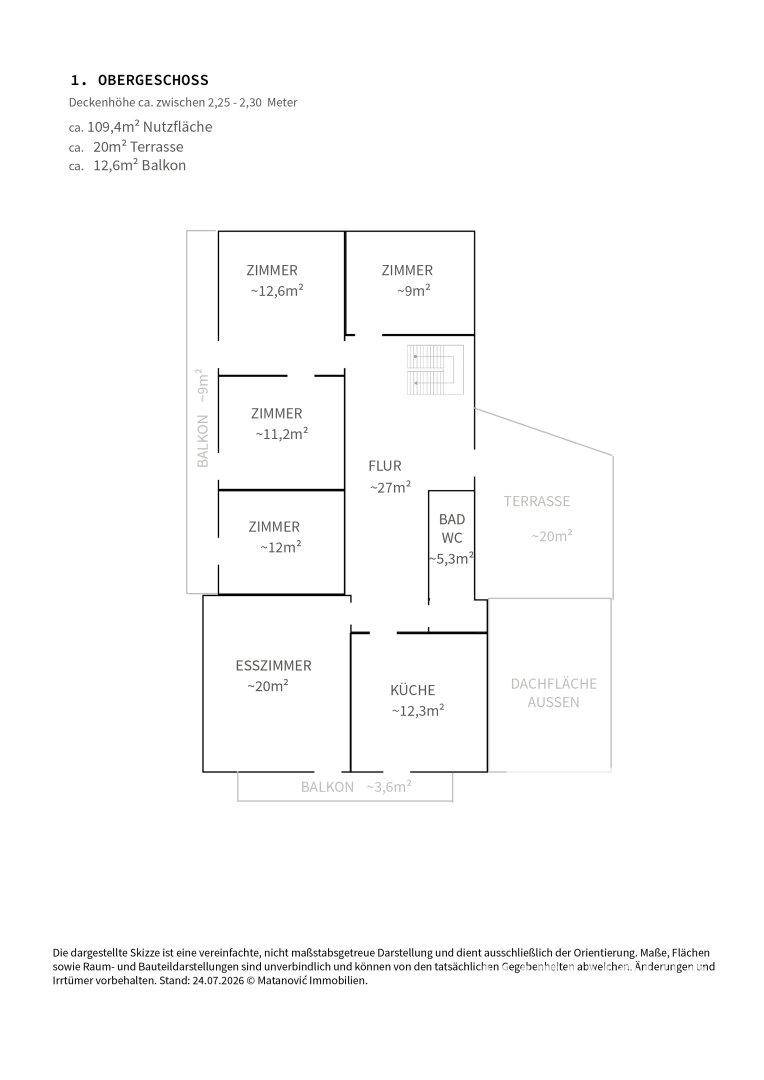 Grundriss des ersten Obergeschosses mit Zimmern, Bad, Küche, Esszimmer, Terrasse und Balkon.