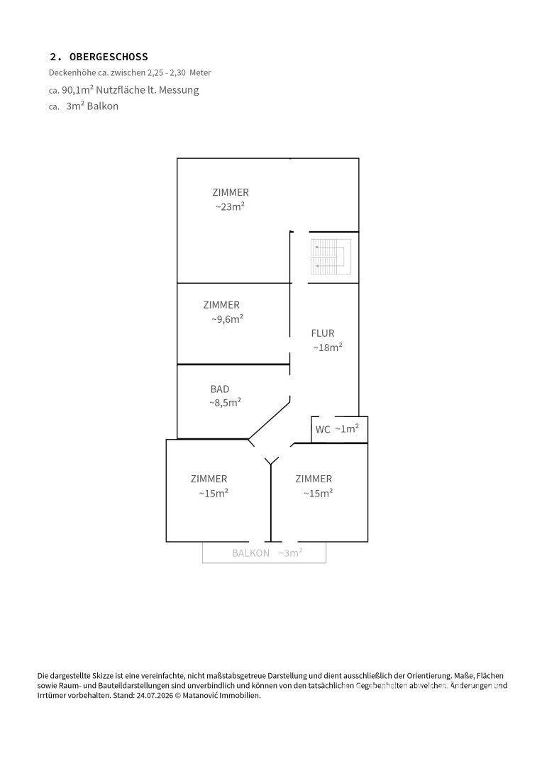 Grundriss des zweiten Obergeschosses mit Zimmern, Bad, WC und Balkon.