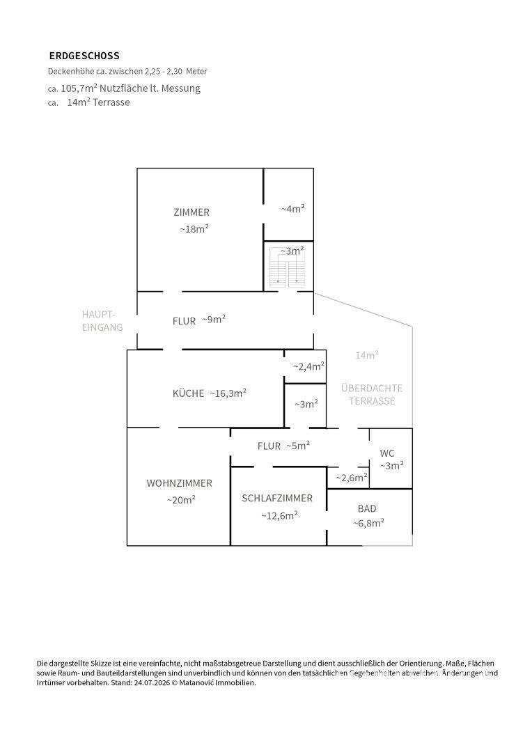 Grundriss des Erdgeschosses mit Wohnzimmer, Schlafzimmer, Küche, Bad und überdachter Terrasse.