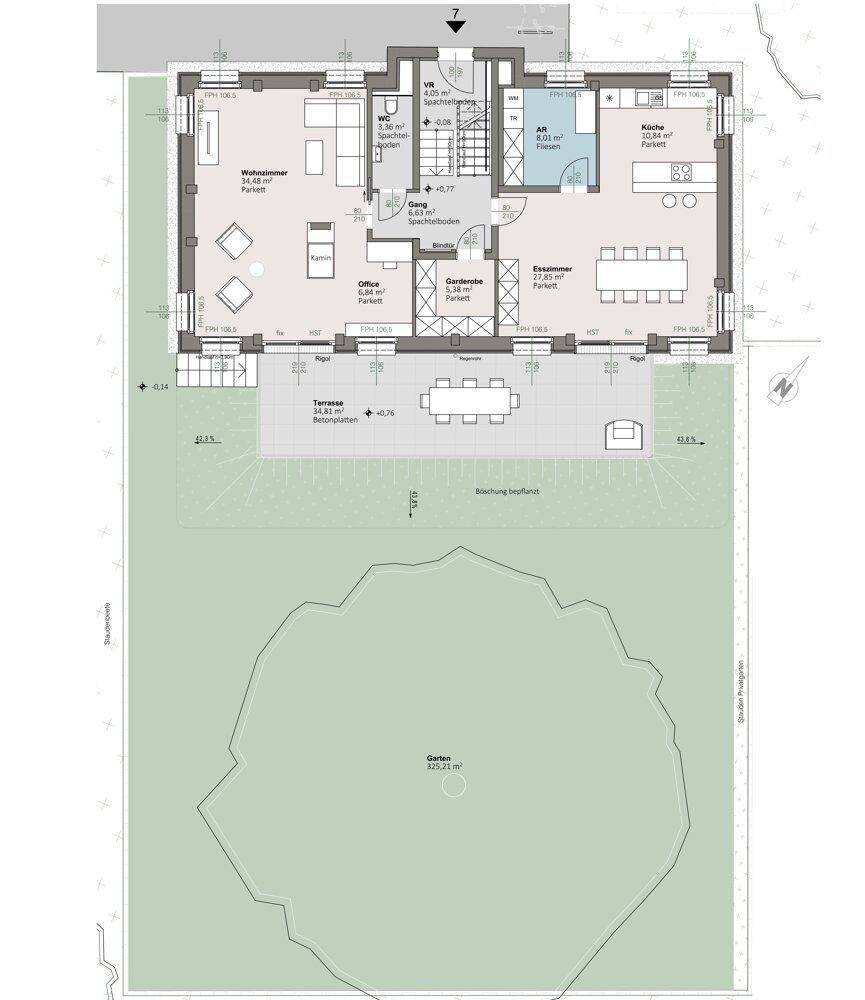 Grundriss des Erdgeschosses mit offenem Wohnbereich, Küche, Büro und großer Terrasse zum Garten.