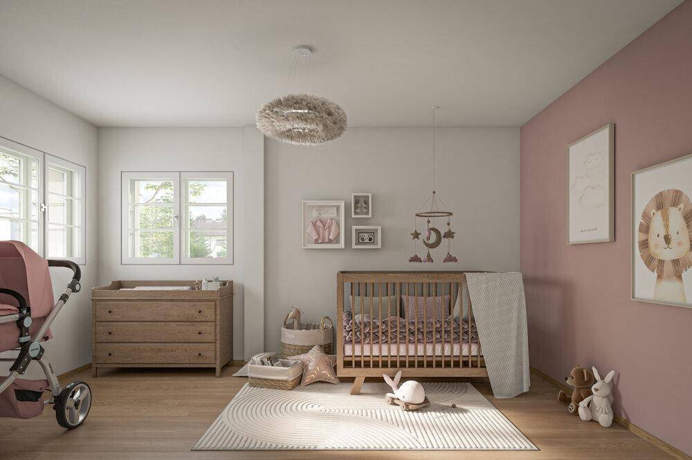 Liebevoll eingerichtetes Kinderzimmer mit Babybett, Wickeltisch und sanften Farbtönen.