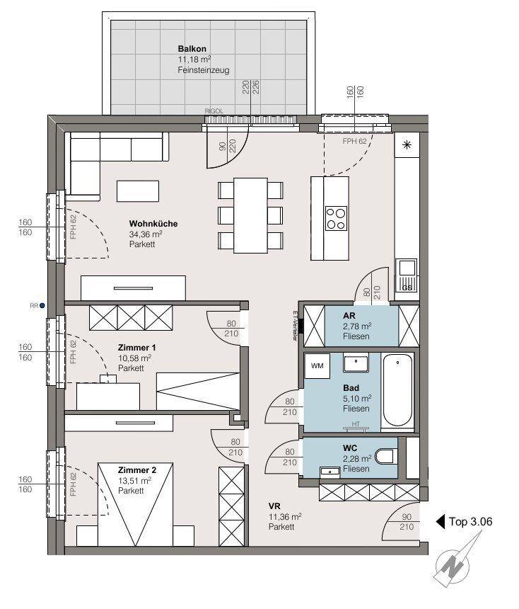 Wohnungsgrundriss mit offener Wohnküche, zwei Schlafzimmern, Bad, separatem WC und großem Balkon.