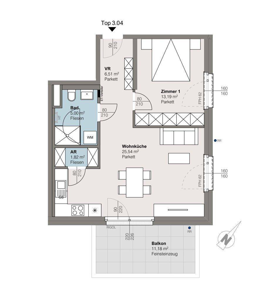 Grundriss einer modernen Wohnung mit offener Wohnküche, Schlafzimmer, Bad und großem Balkon.