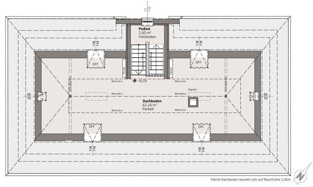 Grundriss des Dachbodens mit viel Stauraum und Potenzial für Ausbau.