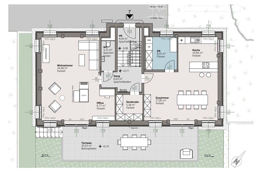 Grundriss des Erdgeschosses mit Wohnzimmer, Küche, Esszimmer und Terrasse.