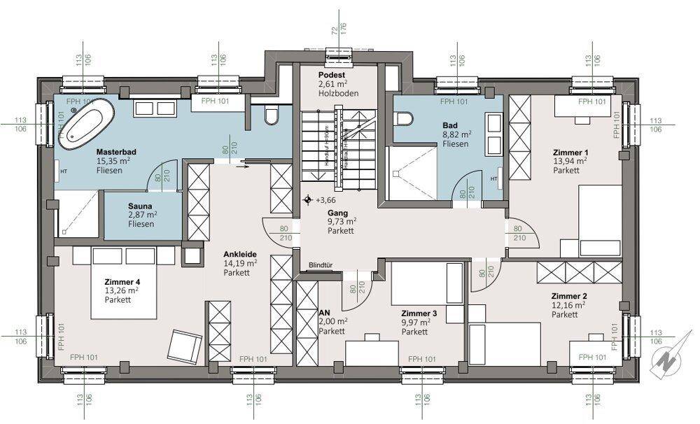 Grundriss des Obergeschosses mit Schlafzimmern, Masterbad, Sauna und Ankleide.