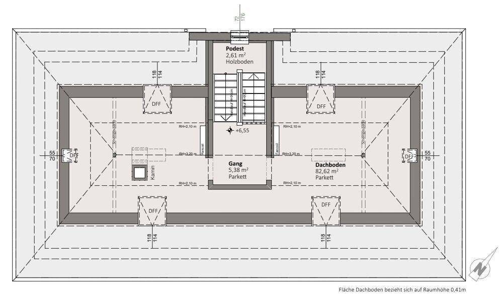 Grundriss des Dachgeschosses mit Dachbodenfläche und Dachfenstern.