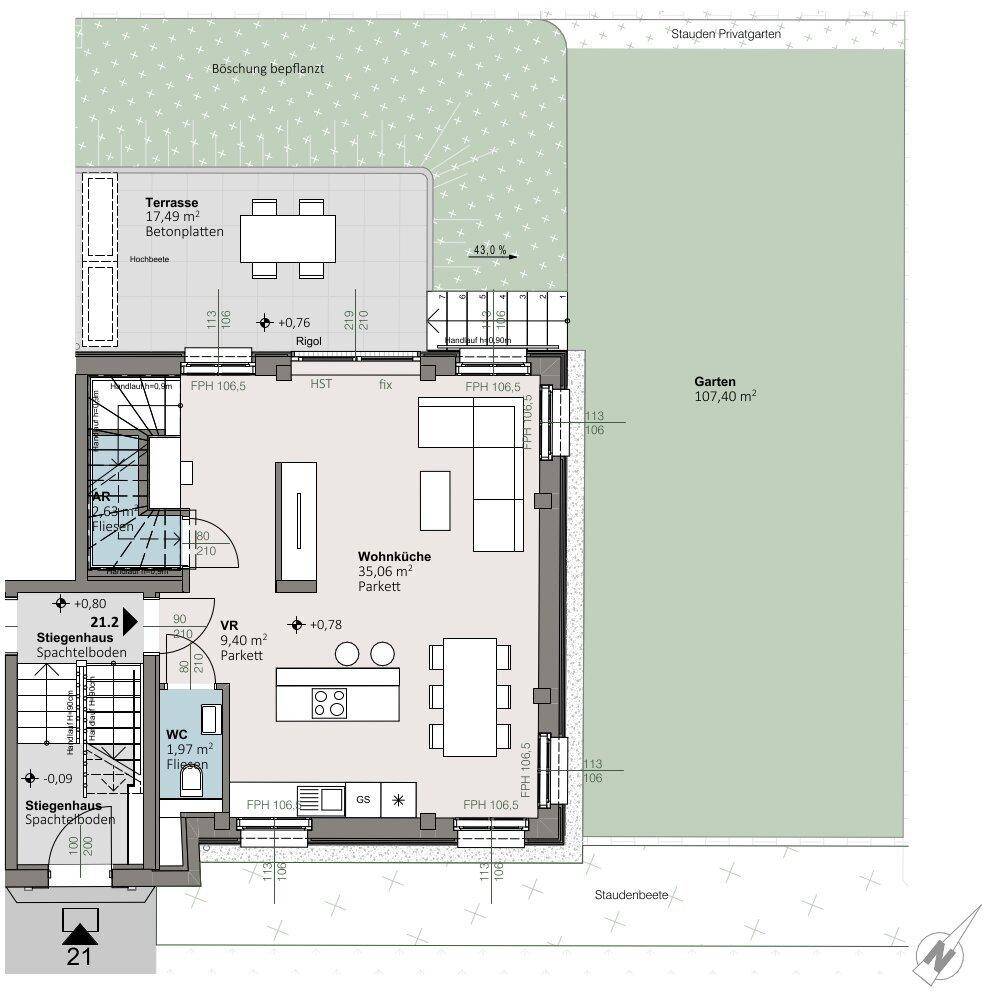 Grundriss des Erdgeschosses mit offener Wohnküche, Gäste-WC, Terrasse und Gartenbereich.