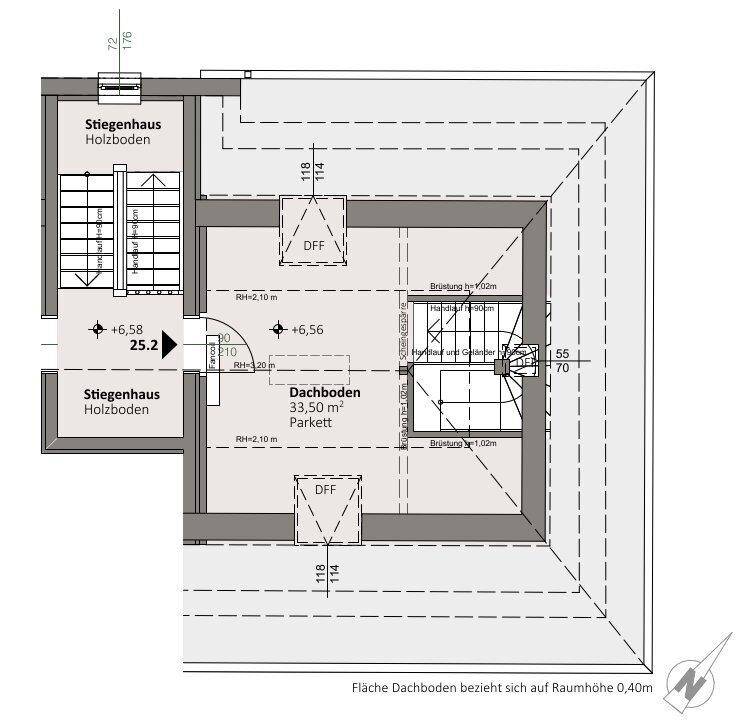Grundriss des Dachgeschosses mit Dachbodenfläche und Zugang über das Treppenhaus.