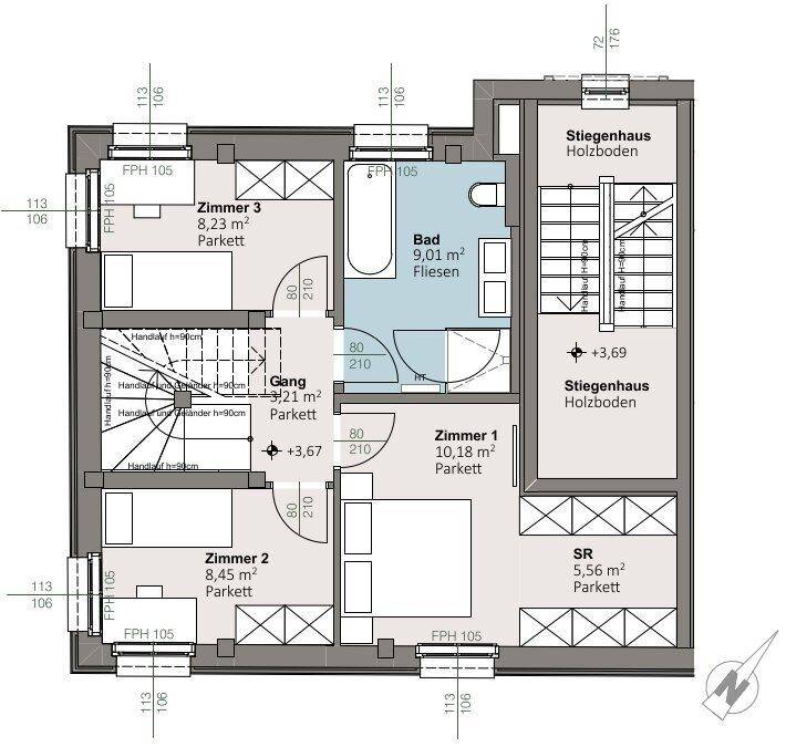 Grundriss des Obergeschosses mit drei Schlafzimmern, einem Badezimmer und Treppenhaus.