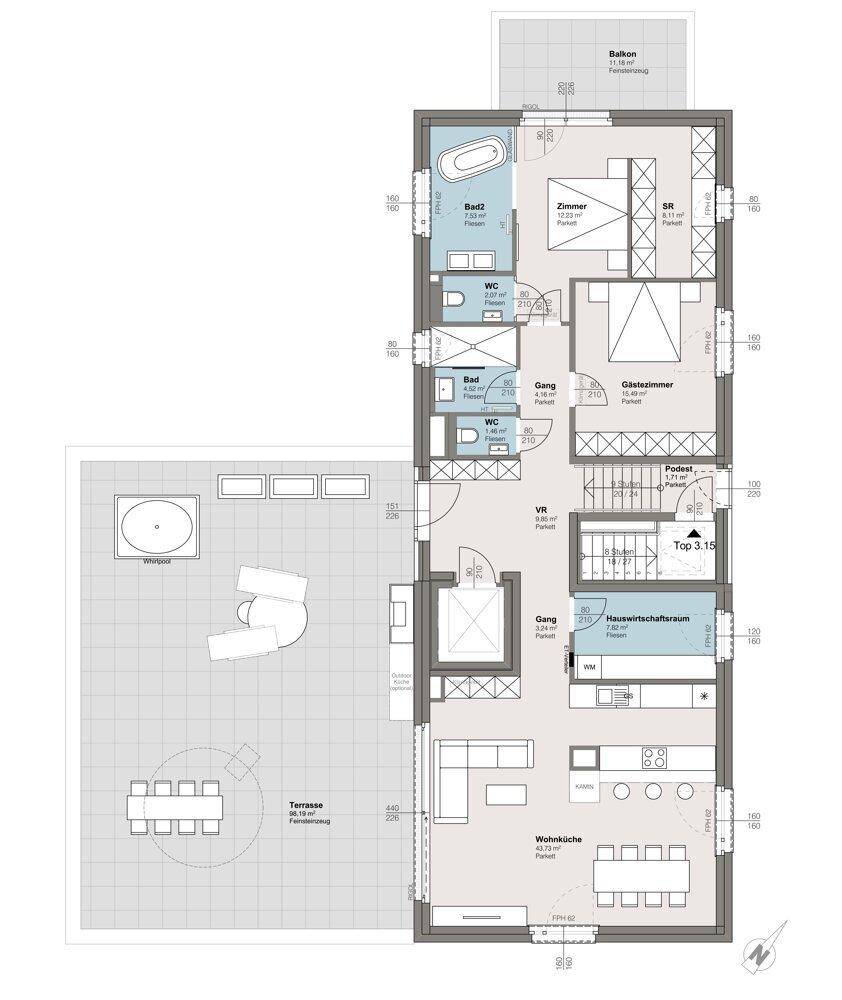 Detaillierter Grundriss einer Wohnung mit großer Terrasse, Whirlpool und mehreren Bädern.