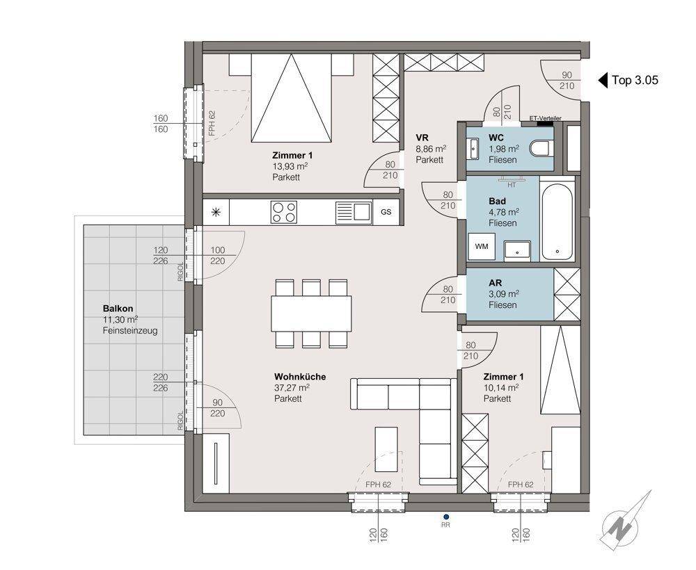 Grundriss einer Wohnung mit zwei Zimmern, offenem Wohnbereich, Bad, WC und Balkon.
