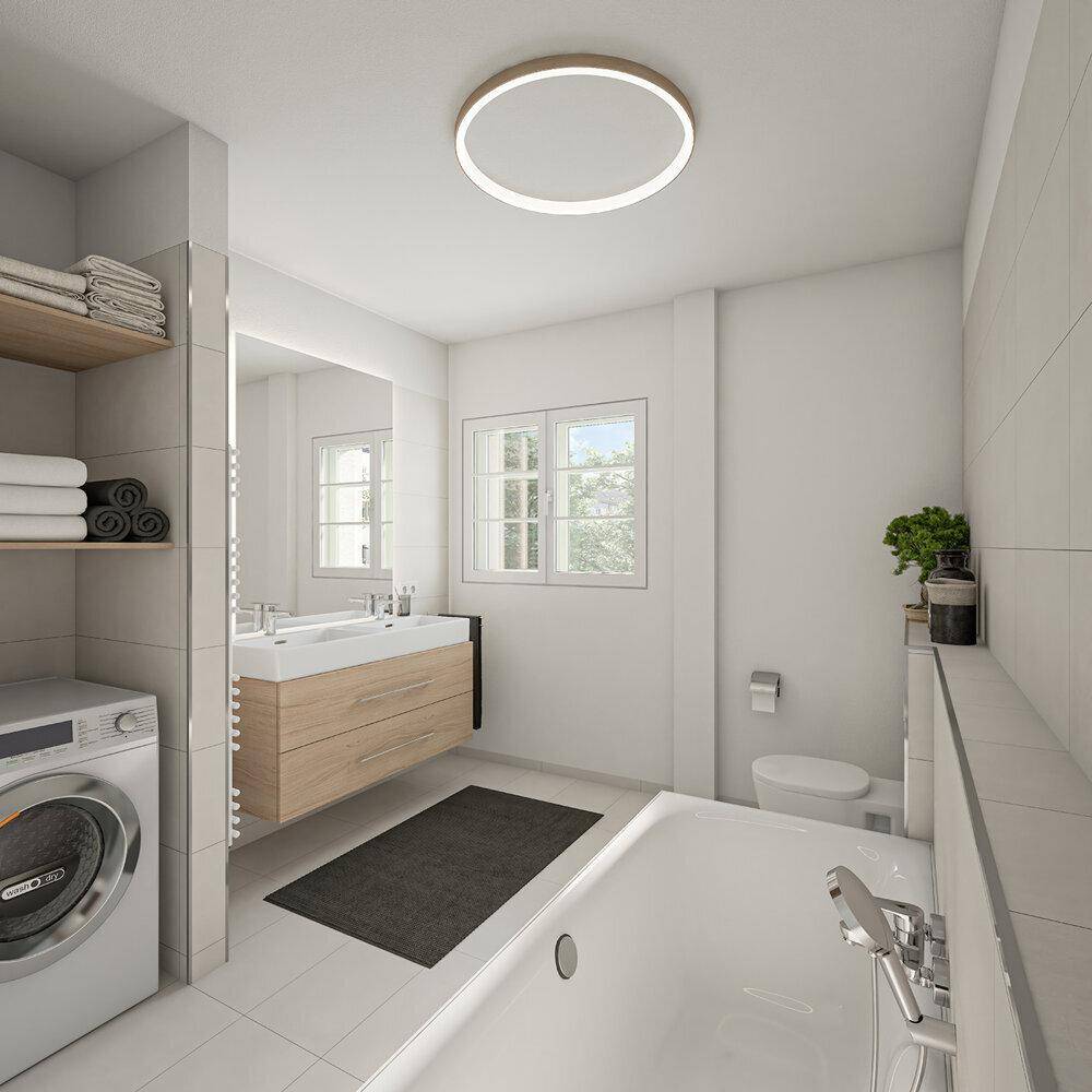 Modernes Badezimmer mit Badewanne, schwebendem Waschtisch und Waschmaschine.