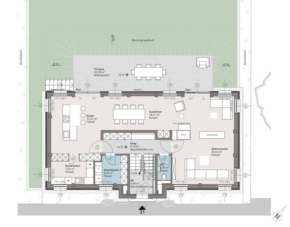 Grundriss des Erdgeschosses mit offenem Wohn-Essbereich, Küche und großer Terrasse.