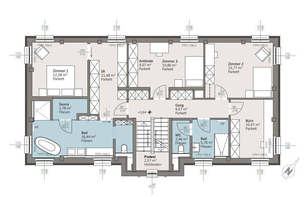 Grundriss des Obergeschosses mit drei Schlafzimmern, zwei Bädern, Büro und integrierter Sauna.
