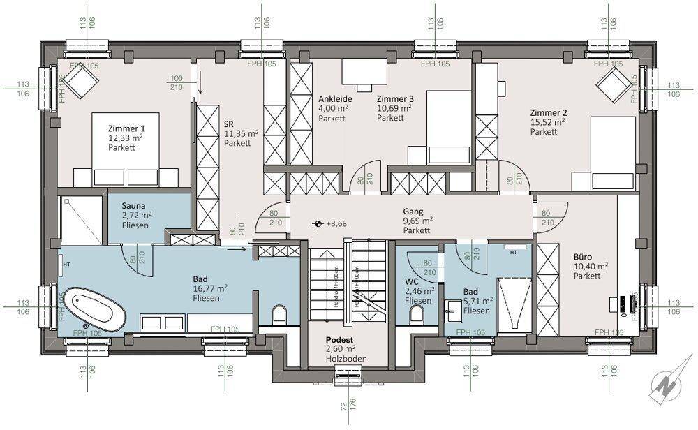 Grundriss des Obergeschosses mit Schlafzimmern, zwei Bädern, Sauna und Ankleidezimmer.