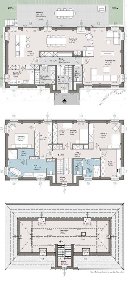Übersicht der Grundrisse für Erdgeschoss, Obergeschoss und Dachgeschoss des Hauses.