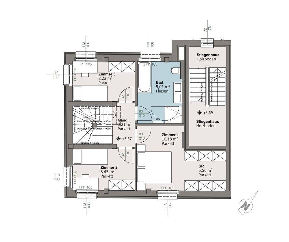 Grundriss des Obergeschosses mit drei Schlafzimmern und einem Badezimmer.