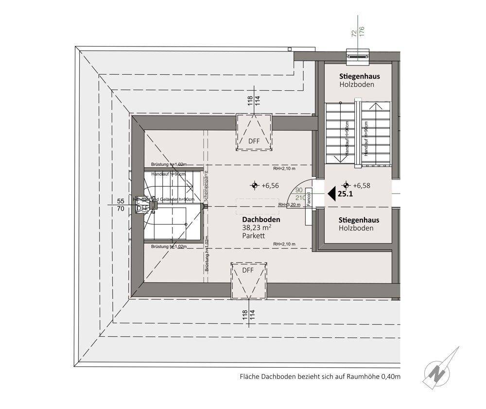 Grundriss des Dachbodens mit Stauraum und Zugang zum Treppenhaus.