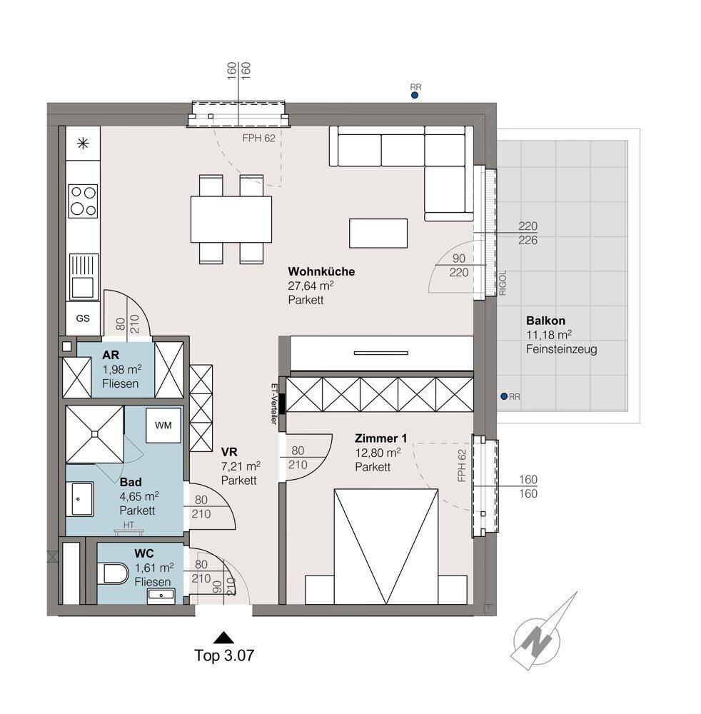 Grundriss einer Wohnung mit Wohnküche, Schlafzimmer, Bad, WC und Balkon.