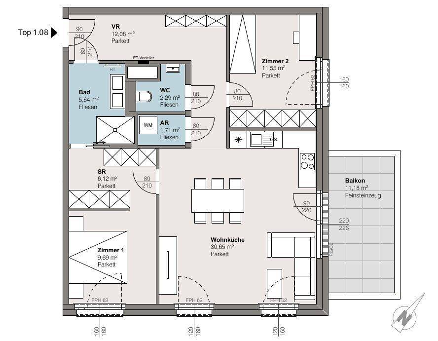 Detaillierter Grundriss einer Wohnung mit offenem Wohnbereich, zwei Schlafzimmern, Bad und Balkon.