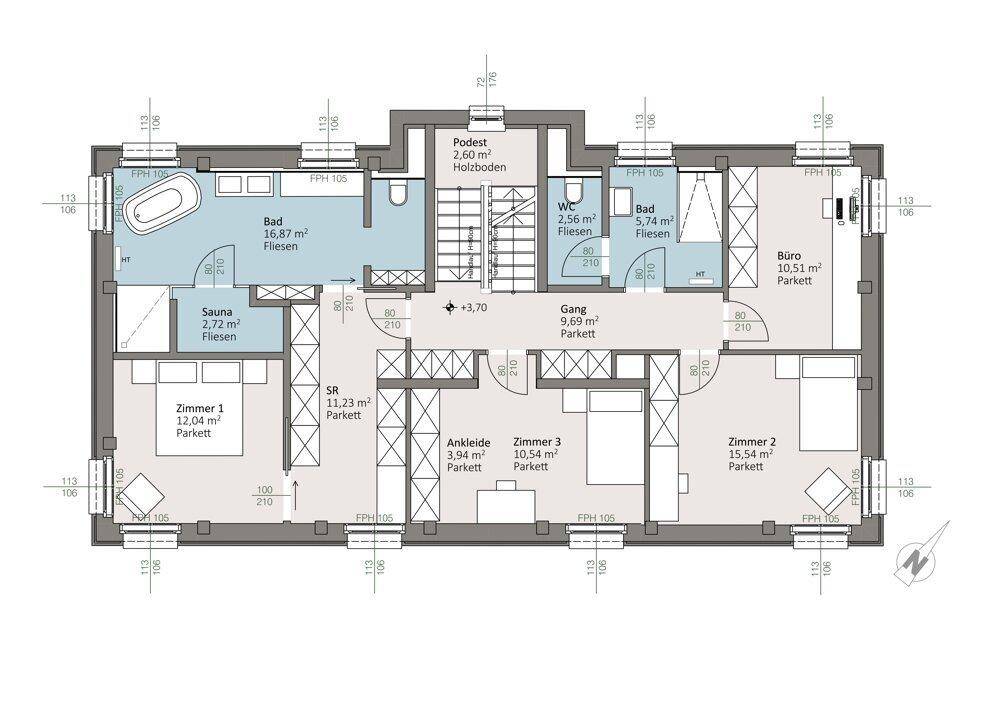Grundriss des Obergeschosses mit mehreren Schlafzimmern, zwei Bädern, Sauna und Büro.