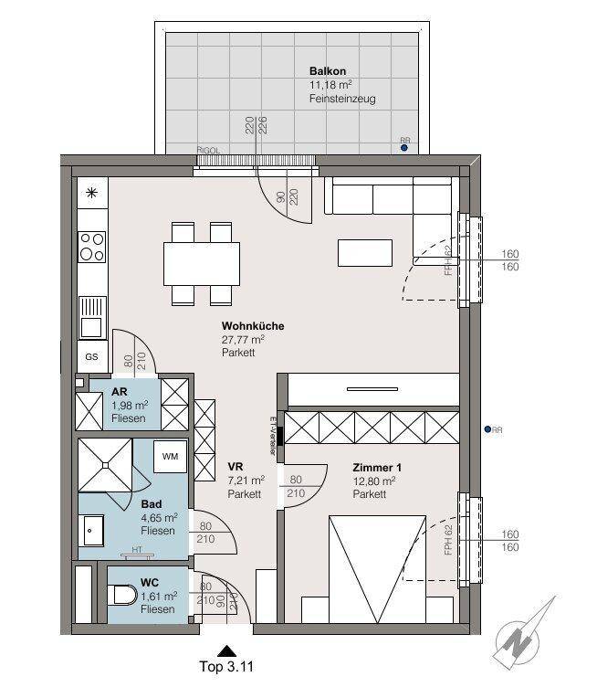 Grundriss einer Wohnung mit offener Wohnküche, einem Schlafzimmer, Bad, separatem WC und einem Balkon.