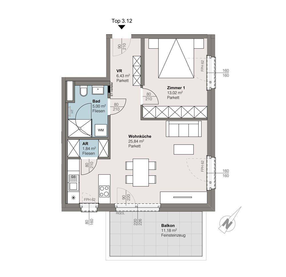 Grundriss einer Wohnung mit offener Wohnküche, Schlafzimmer und Balkon.