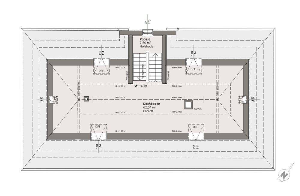 Grundriss des Dachgeschosses mit großem Dachbodenbereich und Kaminanschluss.