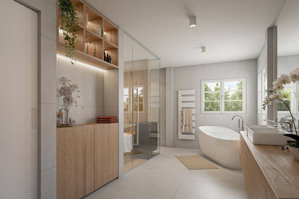Modernes Badezimmer mit freistehender Badewanne, Doppelwaschbecken und großer Dusche.