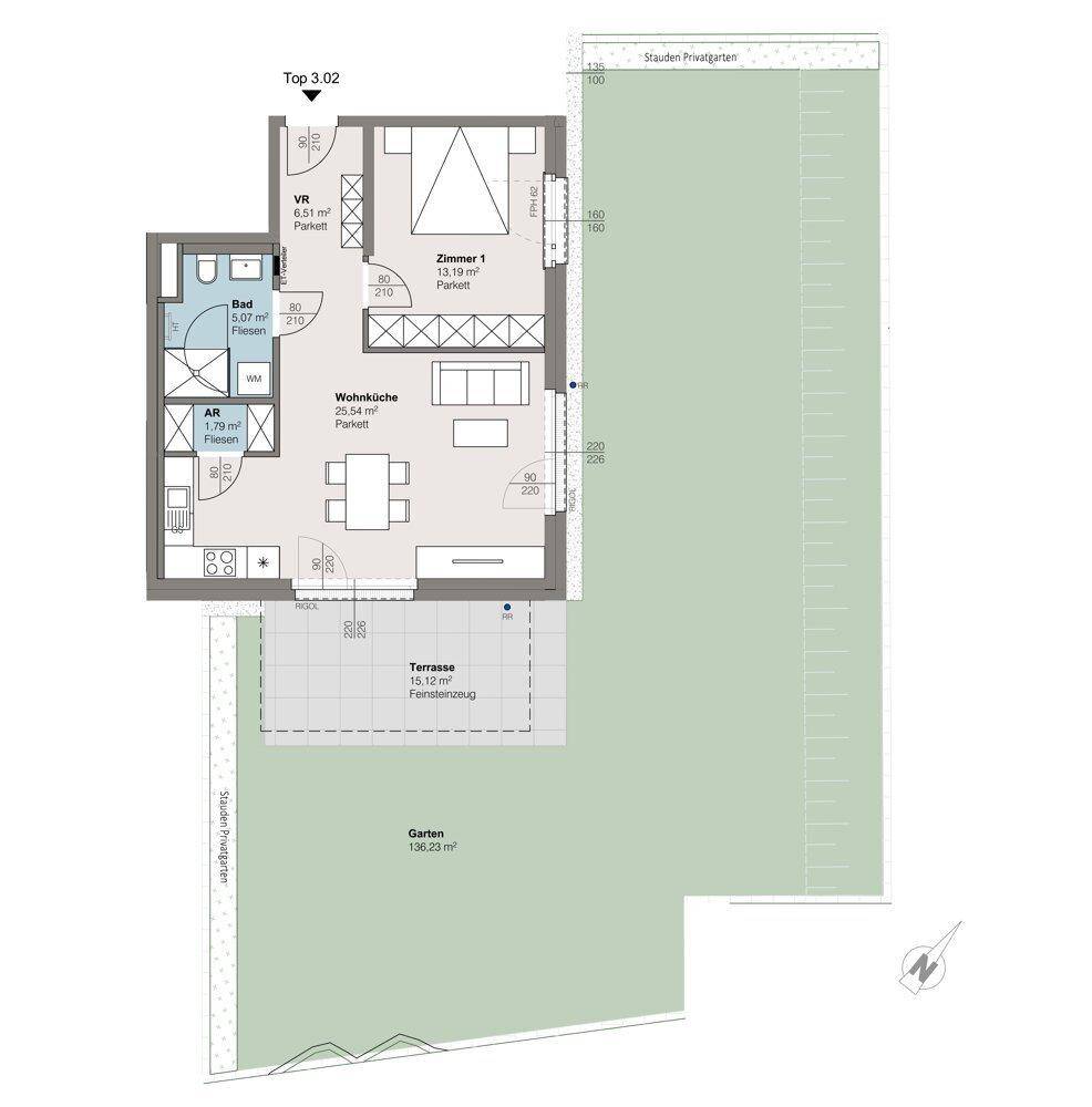 Grundriss einer Wohnung mit offenem Wohnbereich, Schlafzimmer, Bad, Terrasse und Garten.