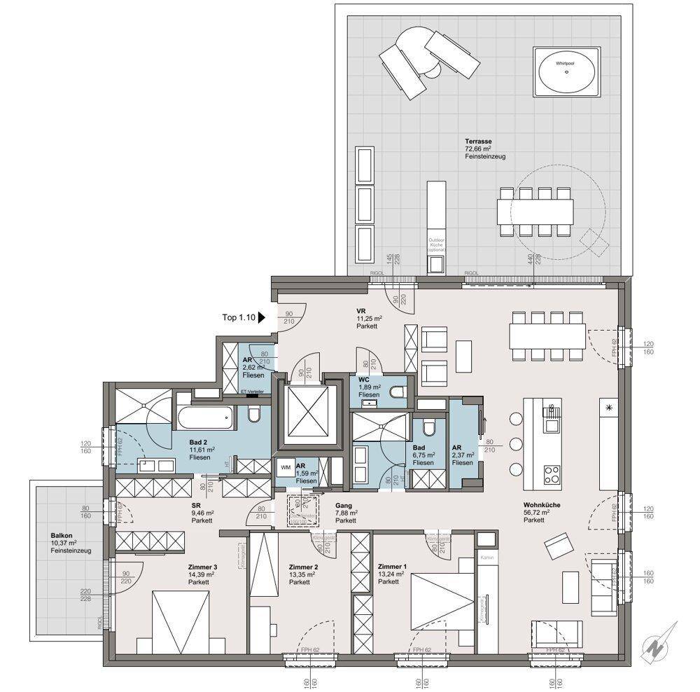 Großzügiger Grundriss mit offener Wohnküche, drei Schlafzimmern, zwei Bädern, Balkon und einer weitläufigen Terrasse mit Whirlpool.