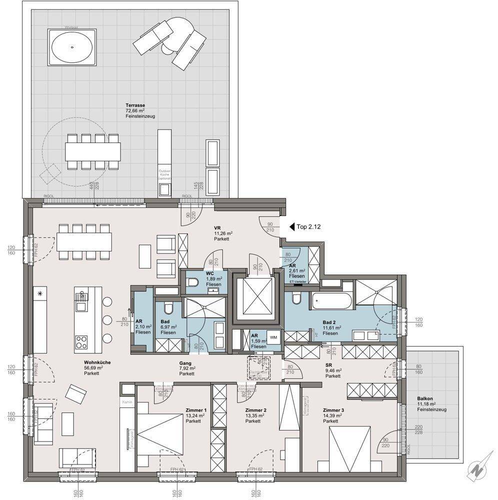 Großzügiger Grundriss mit offener Wohnküche, drei Schlafzimmern, zwei Bädern, einer großen Terrasse und einem Balkon.