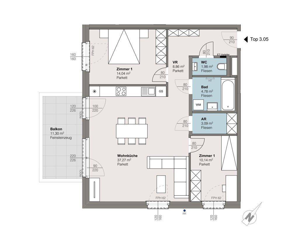 Detaillierter Grundriss einer Wohnung mit offenem Wohnbereich, Schlafzimmern und Balkon.