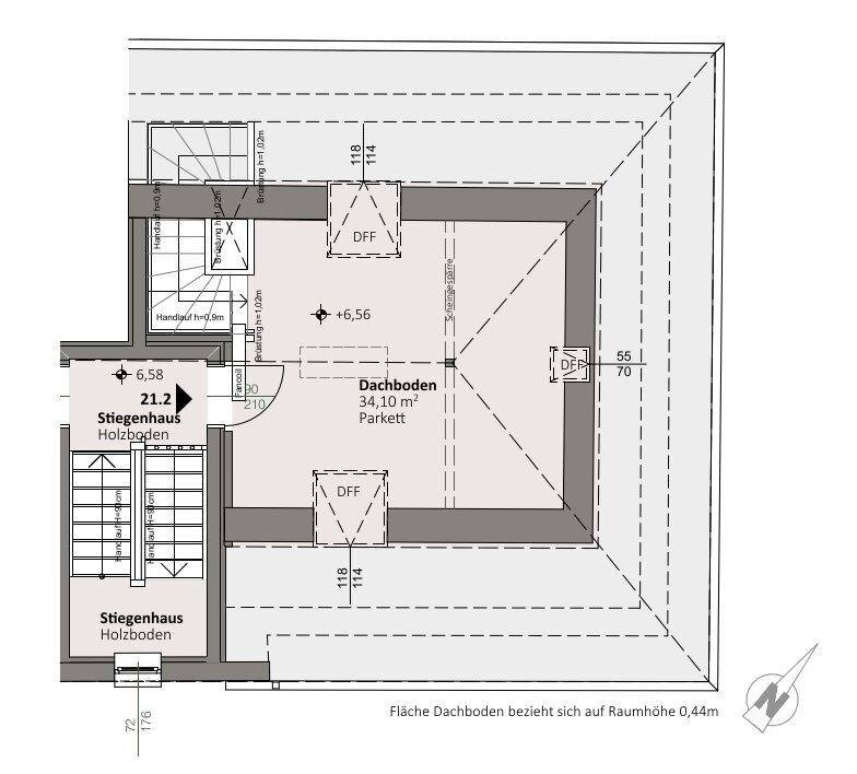 Grundriss des Dachgeschosses mit Dachboden, Dachschrägen und Dachflächenfenstern.