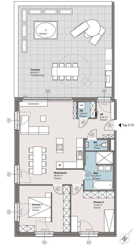 Dieser Grundriss zeigt eine Wohnung mit offenem Wohn-Essbereich, zwei Schlafzimmern, einem Badezimmer und einer großen Terrasse mit Whirlpool und Außenküche.