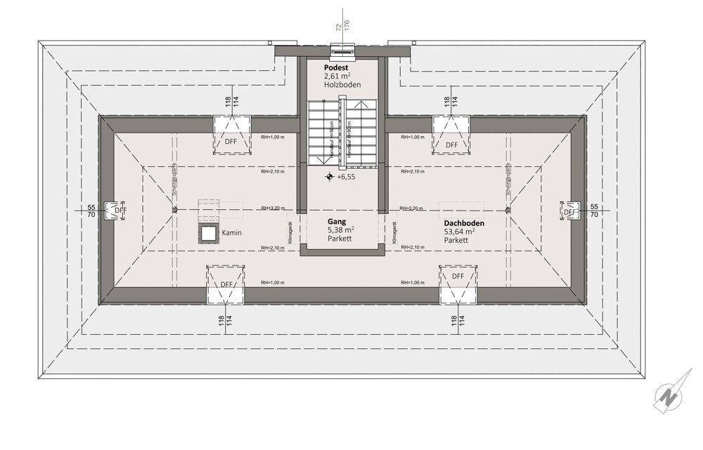 Grundriss des Dachgeschosses mit Treppenpodest, Abstellraum und Kaminanschluss.