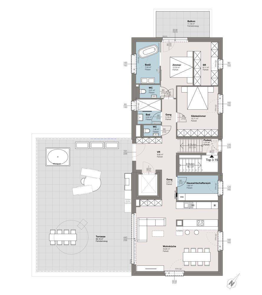 Detaillierter Grundriss einer Wohnung mit großer Terrasse und separatem Balkon.