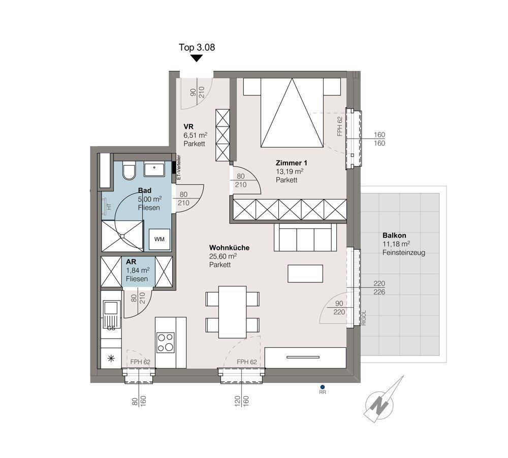 Grundriss einer modernen Wohnung mit offenem Wohnbereich, Schlafzimmer und Balkon.