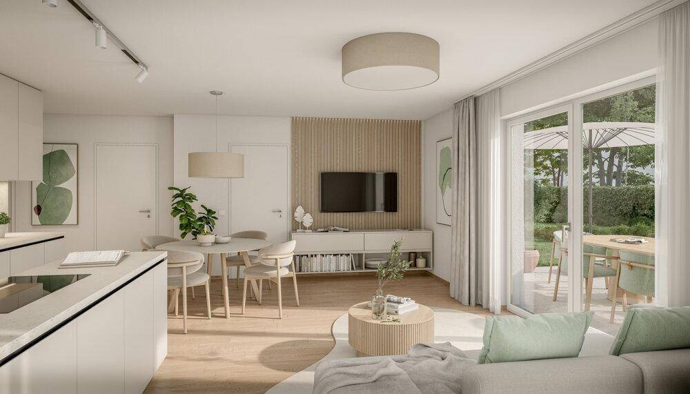 Heller offener Wohn-Essbereich mit moderner Küche, Holzboden und Terrassenzugang.