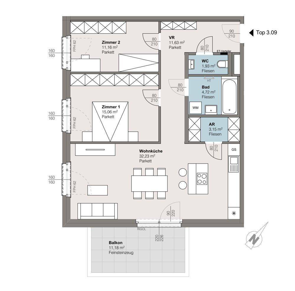 Grundriss einer Wohnung mit zwei Schlafzimmern, offener Wohnküche und einem Balkon.