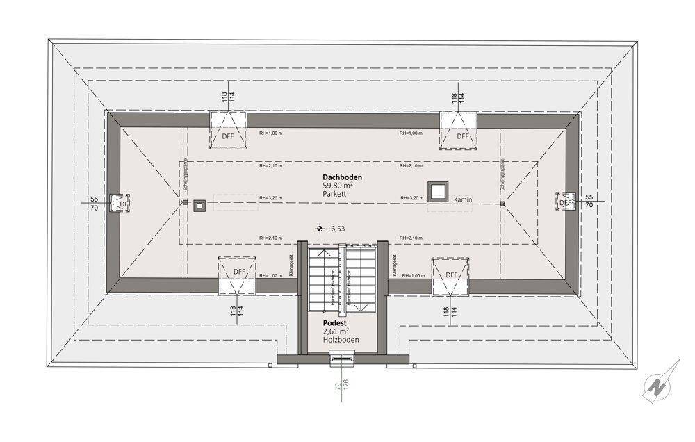 Grundriss des Dachbodens mit großem offenen Bereich und Zugang über eine Treppe.