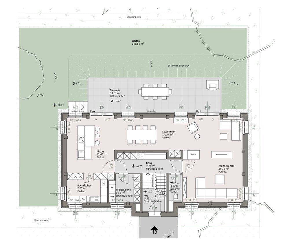 Grundriss des Erdgeschosses mit offener Küche, Wohnbereich, Terrasse und Garten.