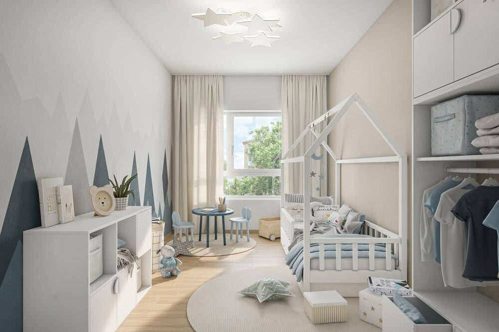 Helles Kinderzimmer mit einem Hausbett, spielerischer Wandgestaltung und integrierten Schränken.