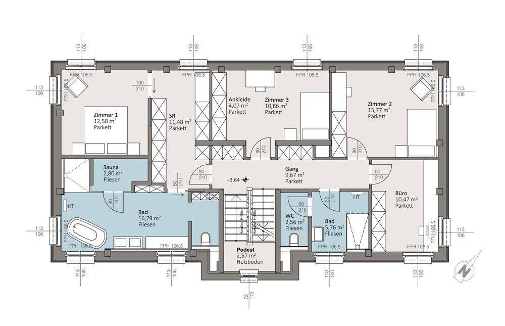 Grundriss des Obergeschosses mit drei Schlafzimmern, zwei Bädern, Büro und Sauna.