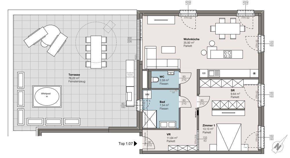 Grundriss einer Wohnung mit großer Terrasse inklusive Whirlpool, offener Wohnküche und separatem Bad und WC.