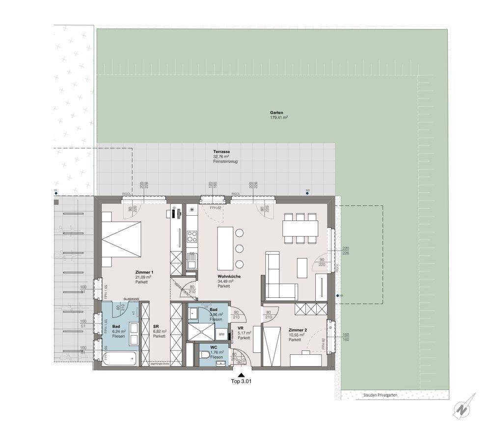 Grundriss einer Wohnung mit offener Wohnküche, zwei Bädern, Terrasse und großem Gartenbereich.