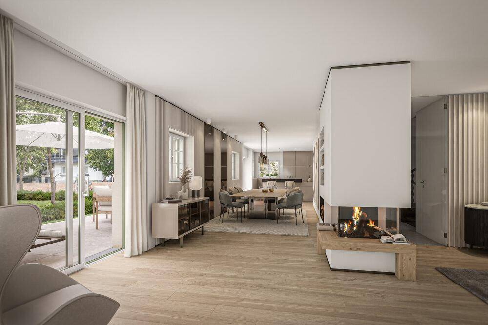 Offener Wohn- und Essbereich mit Kamin, Zugang zur Terrasse und moderner Einrichtung.