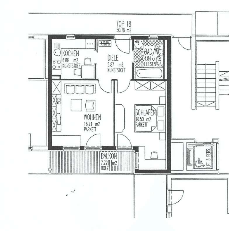 Grundriss der Wohnung mit Küche, Wohnzimmer, Schlafzimmer, Bad und Balkon.